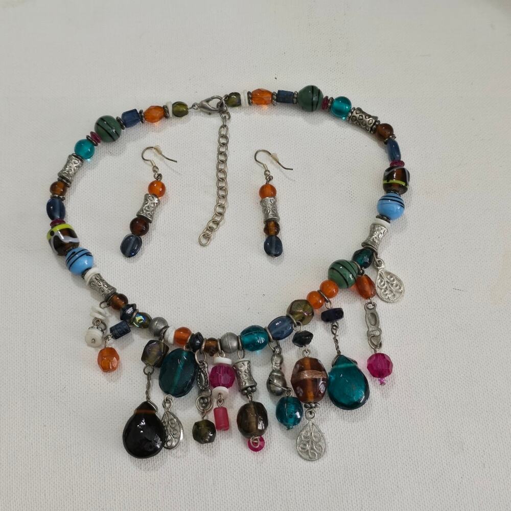 Treska Multi Colored Beaded Fringe CHARM Choker Necklace and Earrings New
